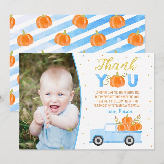 Pumpkin Blue Lastbil Birthday Tack du Cards Boy Inbjudningar (Fram/baksida)
