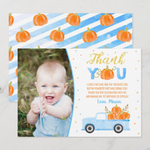 Pumpkin Blue Lastbil Birthday Tack du Cards Boy Inbjudningar