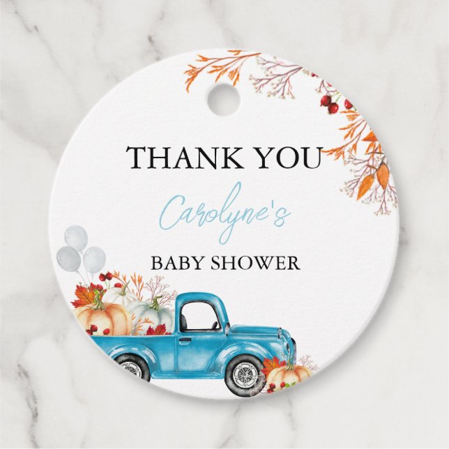 Pumpkin Blue Lastbil Fall Baby Shower Gåvor Etiketter (Framsida)