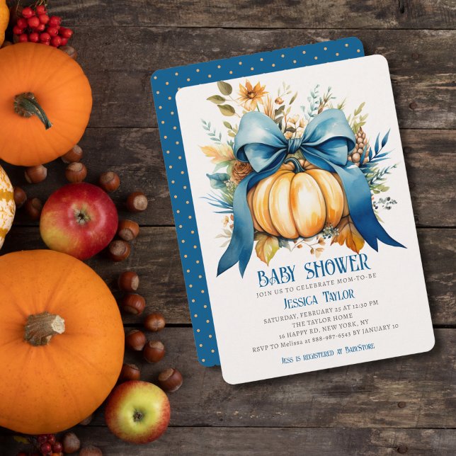 Pumpkin Blue Ribbon Boy Son Fall Baby Shower Inbjudningar (Skapare uppladdad)