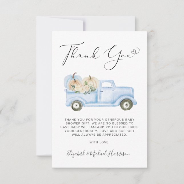 Pumpkin Blue Truck Baby Boy Shower Thank You Card Tack Kort (Framsida)