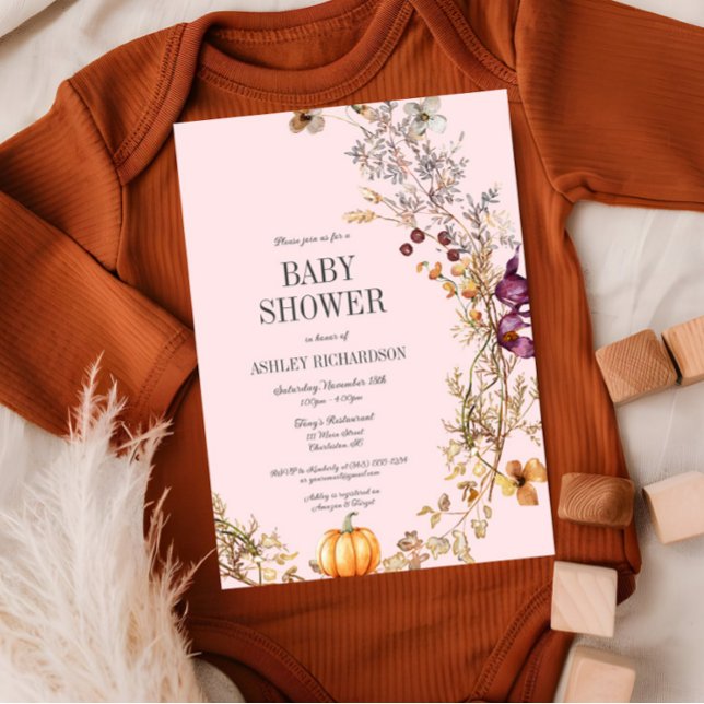 Pumpkin Boho Baby Shower-inbjudan för Blommigt Inbjudningar (Fall Floral Pumpkin Baby Shower Invitation, Pink Baby Girl Shower, Autumn Wildflowers)