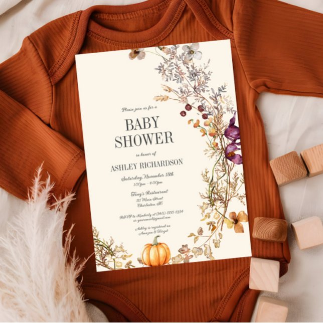Pumpkin Boho Baby Shower-inbjudan för Blommigt Inbjudningar (Fall Wildflower Baby Shower Invitation, Pumpkin Invite, Mustard Yellow, Ivory, Autumn)