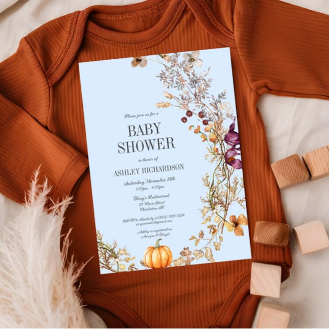 Pumpkin Boho Baby Shower-inbjudan för Blommigt Inbjudningar (Fall Pumpkin Floral Baby Shower Invitation, Baby Blue Shower Invite, Wildflowers, Autumn )