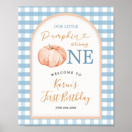 Pumpkin Boho Blue Gingham 1:a födelsedag Välkommen Poster