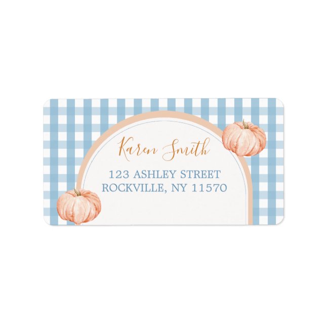 Pumpkin Boho Blue Gingham 1st Birthday Adress Adressetikett (Framsidan)