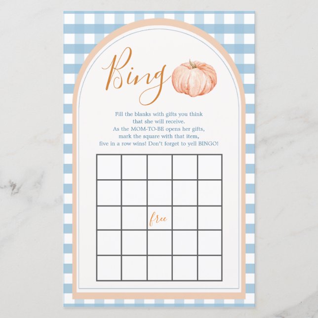Pumpkin Boho Blue Gingham 1st Birthday Bingo Game (Framsida)