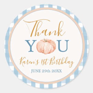 Pumpkin Boho Blue Gingham 1st Birthday Tack Runt Klistermärke