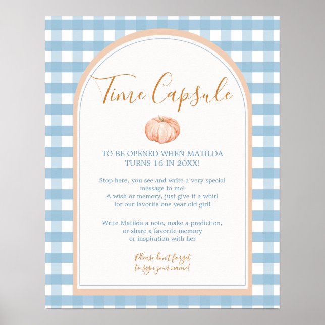 Pumpkin Boho Blue Gingham Birthday Time Capsule Poster (Framsidan)
