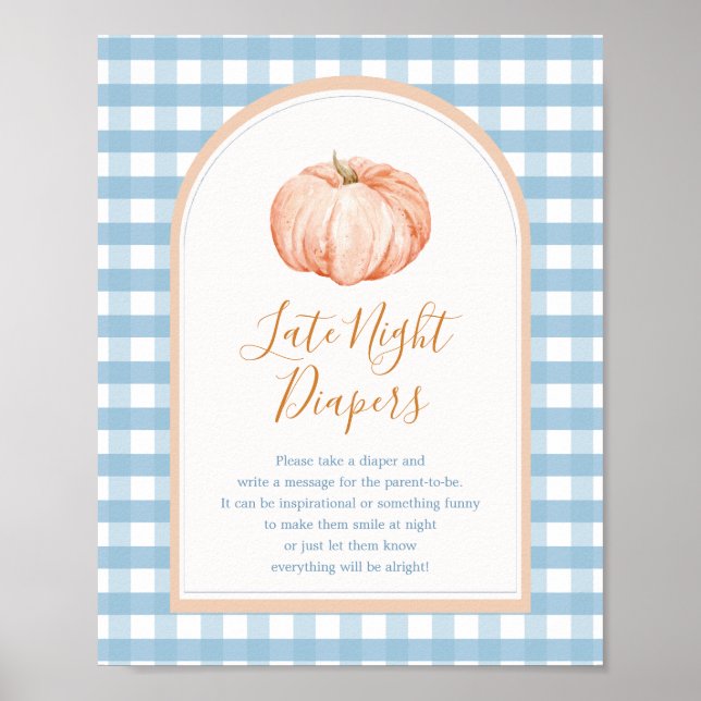 Pumpkin Boho Blue Gingham Late Night Diaper Sign Poster (Framsidan)