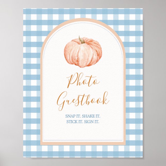 Pumpkin Boho Blue Gingham Photo Guestbook-tecken Poster (Framsidan)