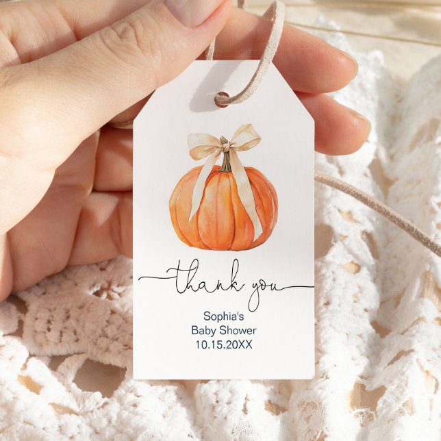 Pumpkin Bow Baby Shower-Märkre för Tack Presentetikett (Skapare uppladdad)