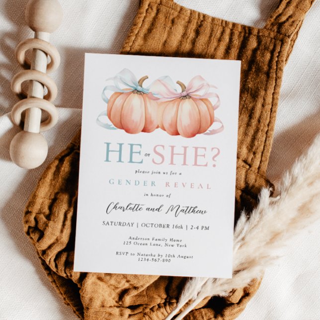 Pumpkin Bow Rosa Blue Gender Reveal-inbjudan Inbjudningar (Skapare uppladdad)