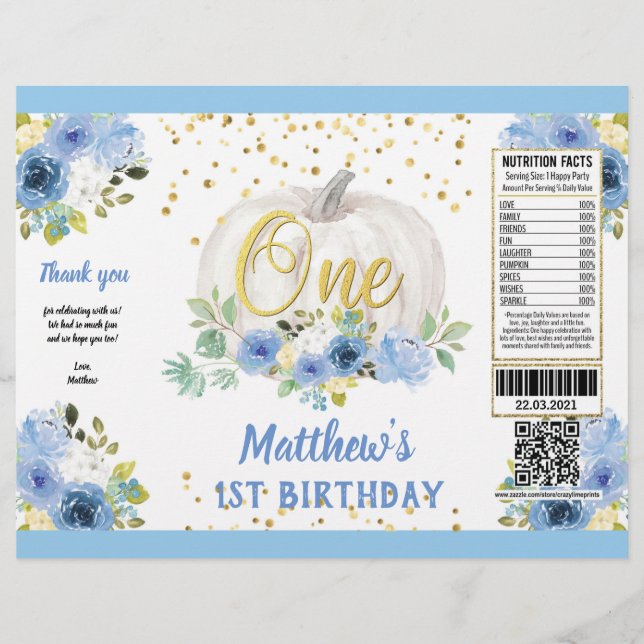 Pumpkin Boy 1st Birthday Blue Chip Bag Wrapper Reklamblad (Framsidan)