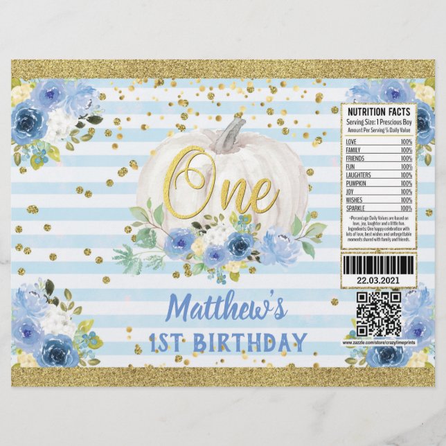 Pumpkin Boy 1st Birthday Blue Chip Bag Wrapper Reklamblad (Framsidan)
