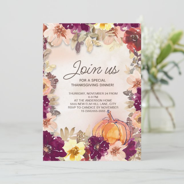 Pumpkin Burgundy Rosa Blommigt Thanksgiving Dinner (Stående Fram)