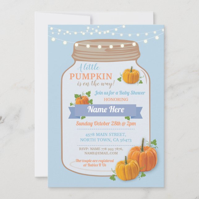 Pumpkin Burk Fall Blue Boy Baby Shower Inbjudan (Framsida)