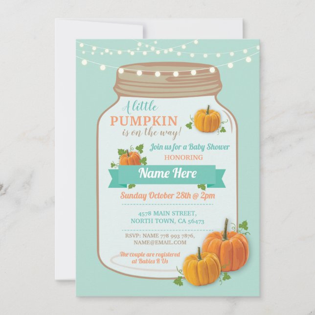 Pumpkin Burk Fall Mint Ljus Baby Shower Inbjudan (Framsida)