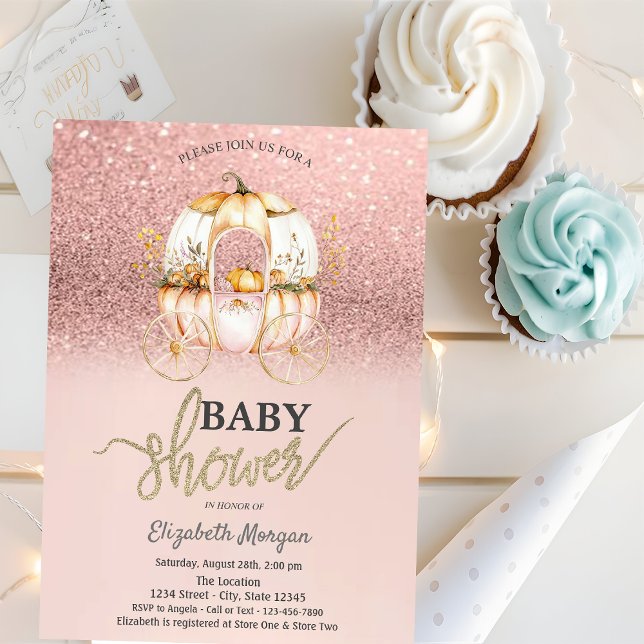 Pumpkin Carriage Baby Shower ro Guld Glitter Inbjudningar (Skapare uppladdad)