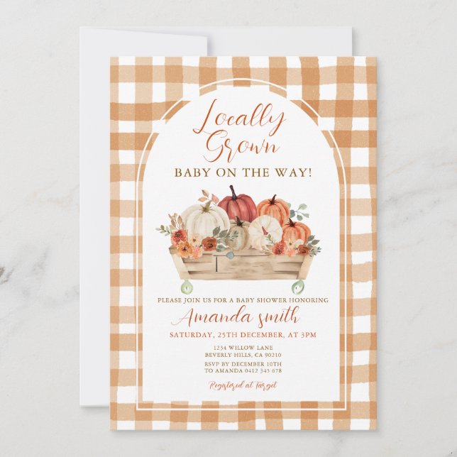 Pumpkin Cart lokalt odlad babystövel Inbjudningar (Framsida)