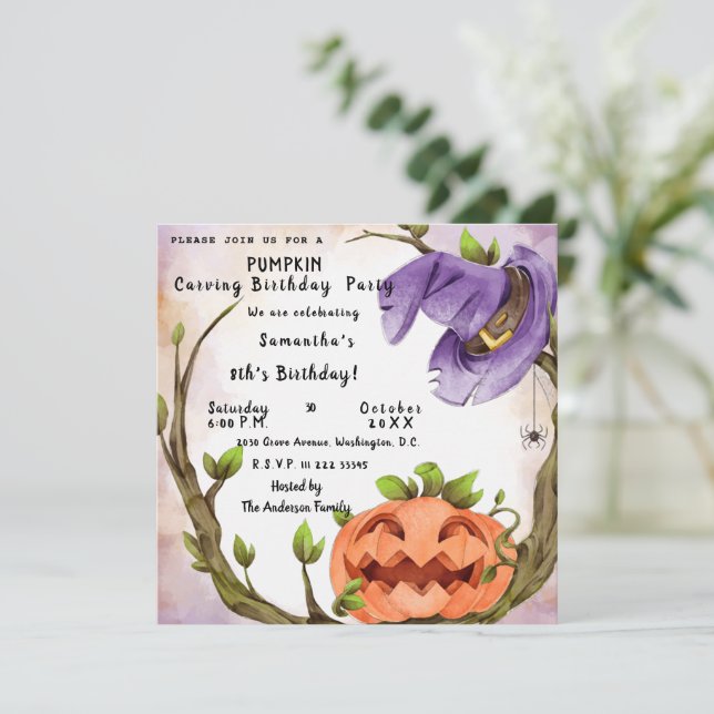 Pumpkin Carving Födelsedagsfest inbjudan (Stående Fram)