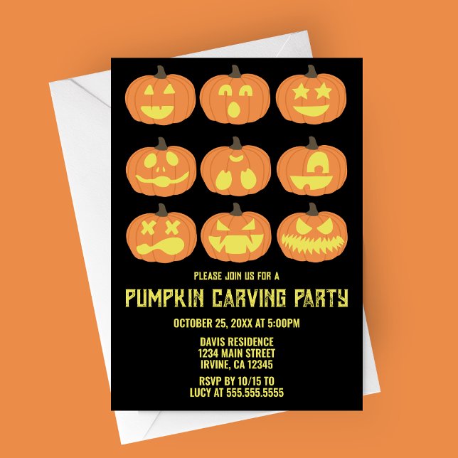 Pumpkin Carving Halloween fest-inbjudan Inbjudningar (Pumpkin Faces | Pumpkin Carving Party Invitation)