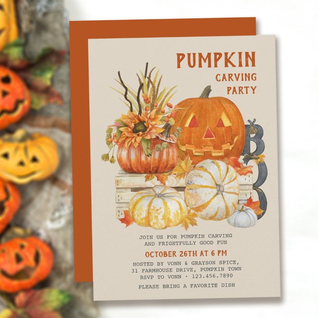 Pumpkin Carving Rustic Farmhouse Halloween fest Inbjudningar (available printed or as a printable download)