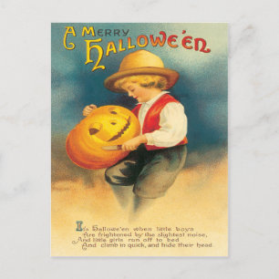 Pumpkin Carving Vintage Postcard Vykort