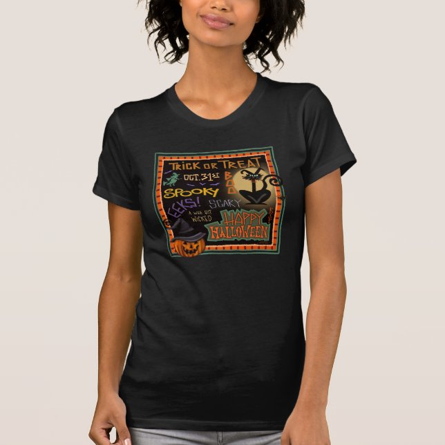Pumpkin Cat Trick-or-Treat Halloween Fladdermus Wi T Shirt (Framsida)