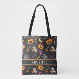 Pumpkin Cat Webben Hat Mörk Grått Tote Bag Tygkasse