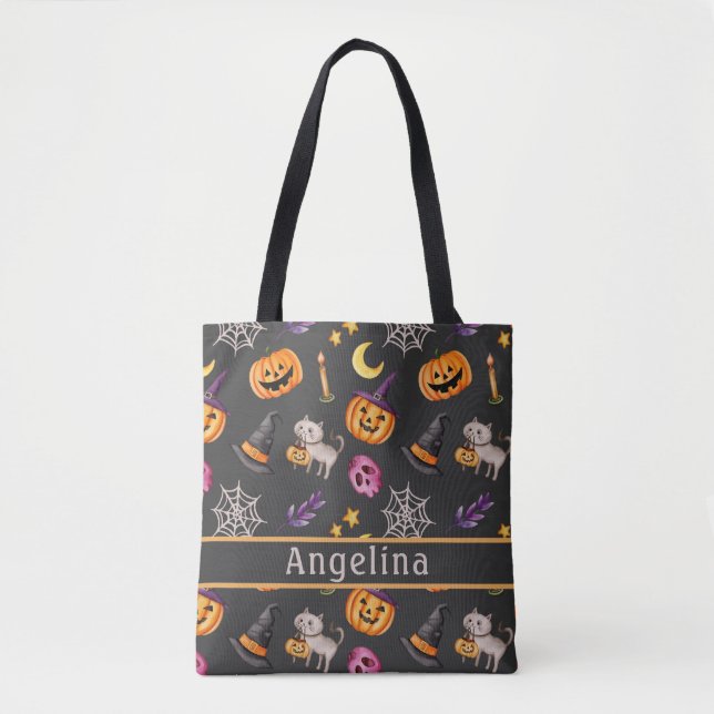 Pumpkin Cat Webben Hat Mörk Grått Tote Bag Tygkasse (Framsida)