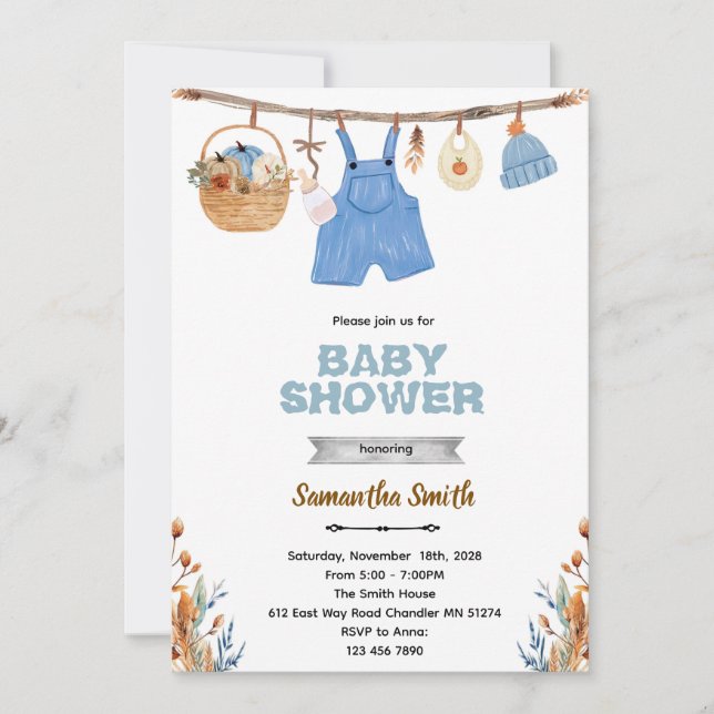 Pumpkin clothesline boy baby shower invitation  inbjudningar (Framsida)
