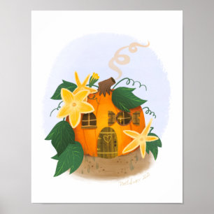 Pumpkin Cottage House Art Print Poster