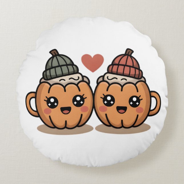 Pumpkin Couple Pillow – Cute Cozy Fall Home Décor Rund Kudde (Framsidan)