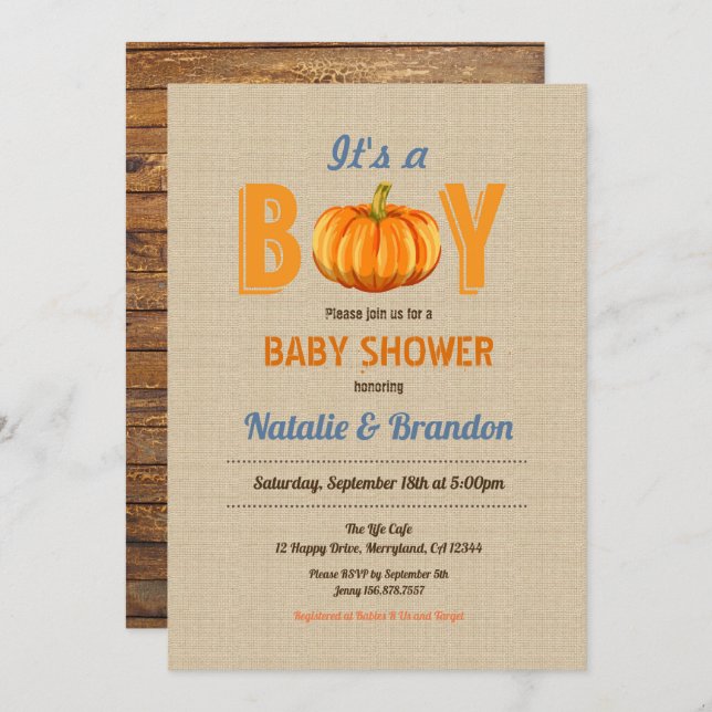 Pumpkin, det är en barnduschinbjudan. inbjudningar (Fram/baksida)