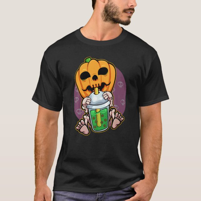 Pumpkin Drinking Boba Lazy Halloween Costume Jack T Shirt (Framsida)