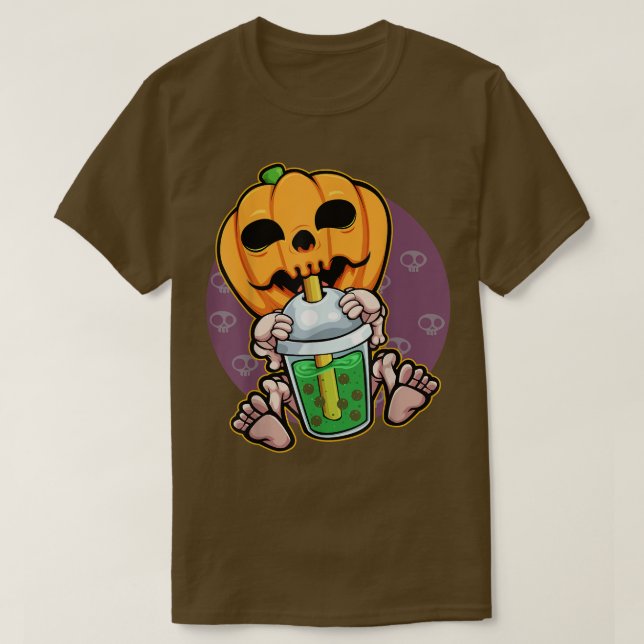 Pumpkin Drinking Boba Lazy Halloween Costume Jack  T Shirt (Design framsida)