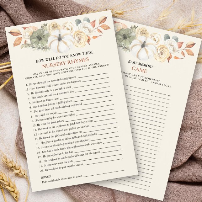 Pumpkin Dubbla Sided Baby Shower Games (Entertain your guests with this double sided baby shower game in an autumn pumpkin floral design.)