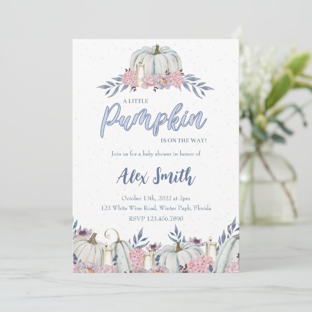 Pumpkin Dusty Blue Baby Shower-inbjudan Boy Inbjudningar (Stående Fram)