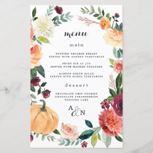 Pumpkin Elegant Fall Blommigt Bröllop Menu-kort