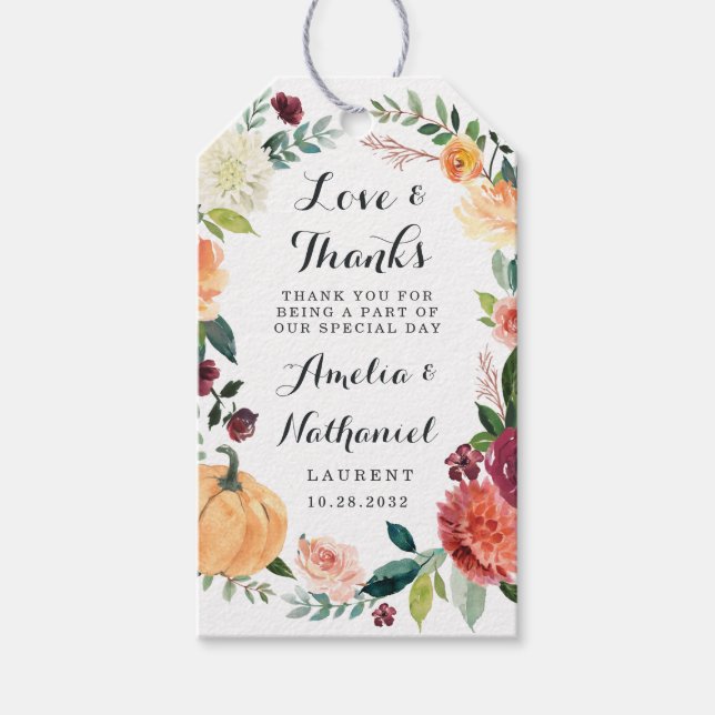 Pumpkin Elegant Fall Blommigt Rustic Wedding Favor Presentetikett (Framsidan)