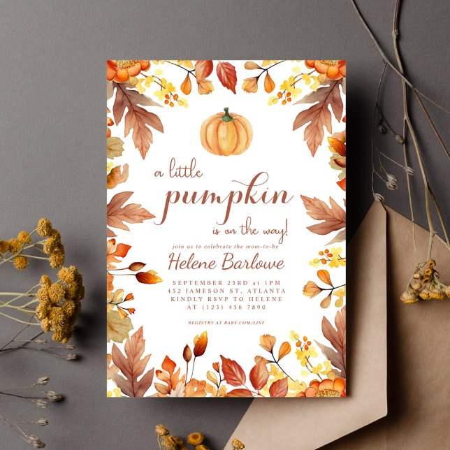 Pumpkin Elegant Watercolor Fall Baby Shower Inbjudningar (Pumpkin Elegant Watercolor Fall Baby Shower Invitation)