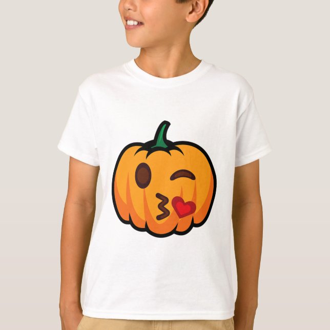 Pumpkin Emoji One Öga Open Wink Blow Kiss Kärlek R T Shirt (Framsida)
