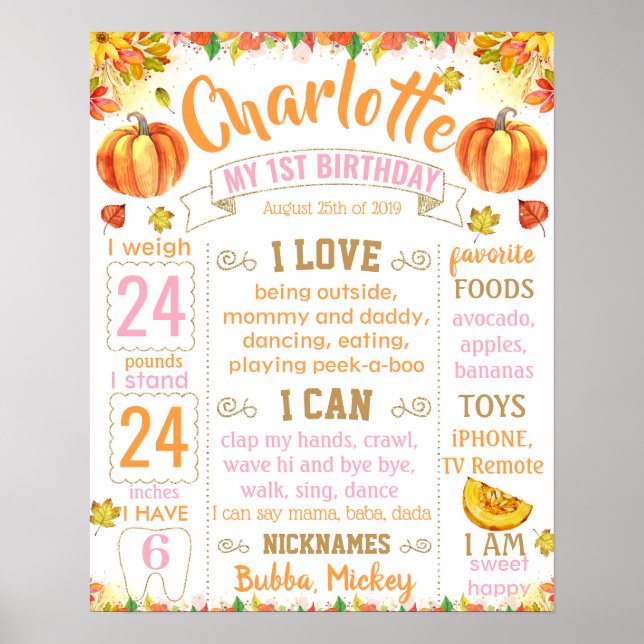 Pumpkin Fall Autumn Halloween Birthday-tecken Poster (Framsidan)