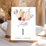 Pumpkin Fall Autumn Rustic Bröllop Bordsnummer<br><div class="desc">Det här bordsnumret i bröllop har vattenfärgsvit och gult pumpor som är adsorterade med burguner,  maron och  rosor över höst löv. Om du vill ha en mer avancerad anpassning av den här designen klickar du på BLUE DESIGN VERKTYG-KNAPPEN ovan</div>