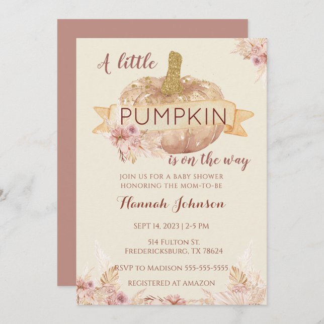 Pumpkin Fall Baby Shower Boho Blommigt Flicka Inbjudningar (Fram/baksida)