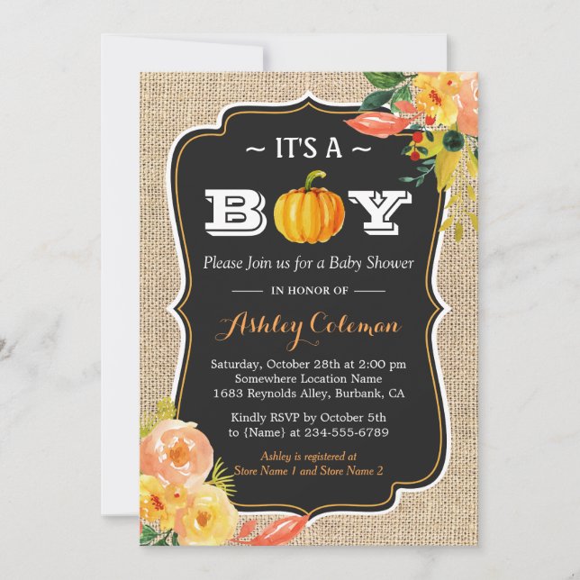 Pumpkin Fall Baby Shower Det är en Boy Rustic Burl Inbjudningar (Framsida)