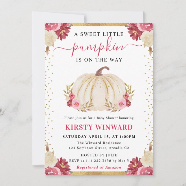 Pumpkin Fall Baby Shower för rosa och vit Blommigt Inbjudningar (Framsida)