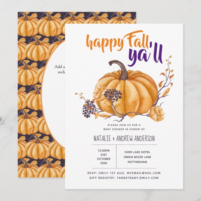 Pumpkin Fall Baby Shower Halloween Org/Purp Inbjudningar (Fram/baksida)
