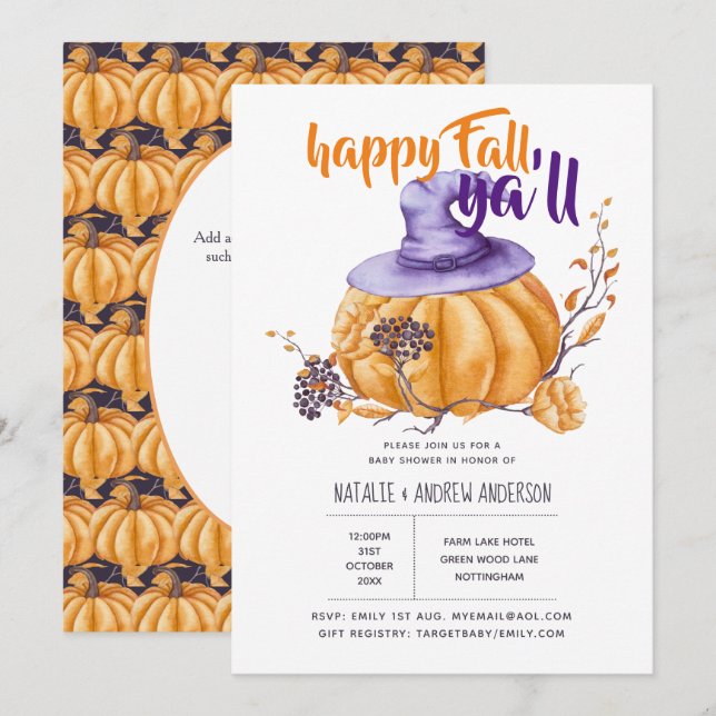 Pumpkin Fall Baby Shower Halloween Org/Purp Inbjudningar (Fram/baksida)